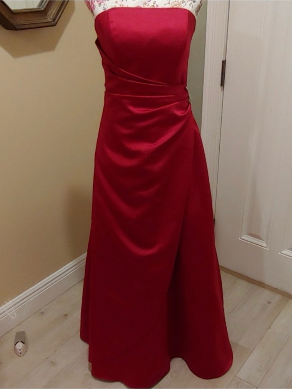 David's Bridal Strapless Red Satin Evening Gown